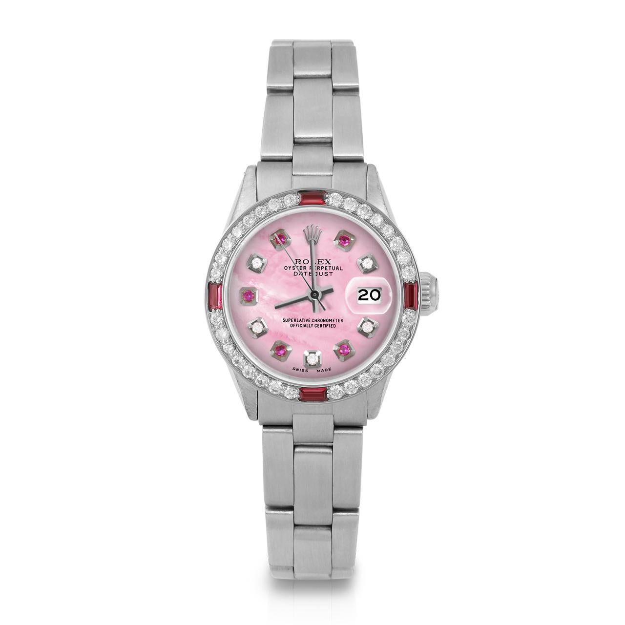 Rolex Damen SS Datejust Rosa MOP Diamant-Rubin-Zifferblatt Rubin-Diamant-Lünette Uhr (Perle) im Angebot