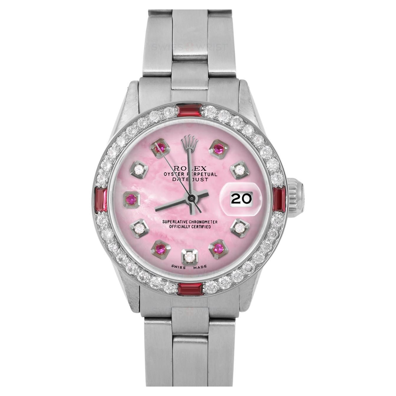 Rolex Damen SS Datejust Rosa MOP Diamant-Rubin-Zifferblatt Rubin-Diamant-Lünette Uhr