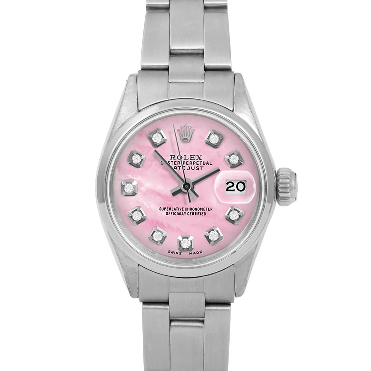 Brand : Rolex
Model : Datejust (Non-Quickset Model)
Gender : Ladies
Metals : Stainless Steel
Case Size : 24 mm
Dial : Custom Pink Mother Of Pearl Diamond Dial (This dial is not original Rolex And has been added aftermarket yet is a beautiful Custom