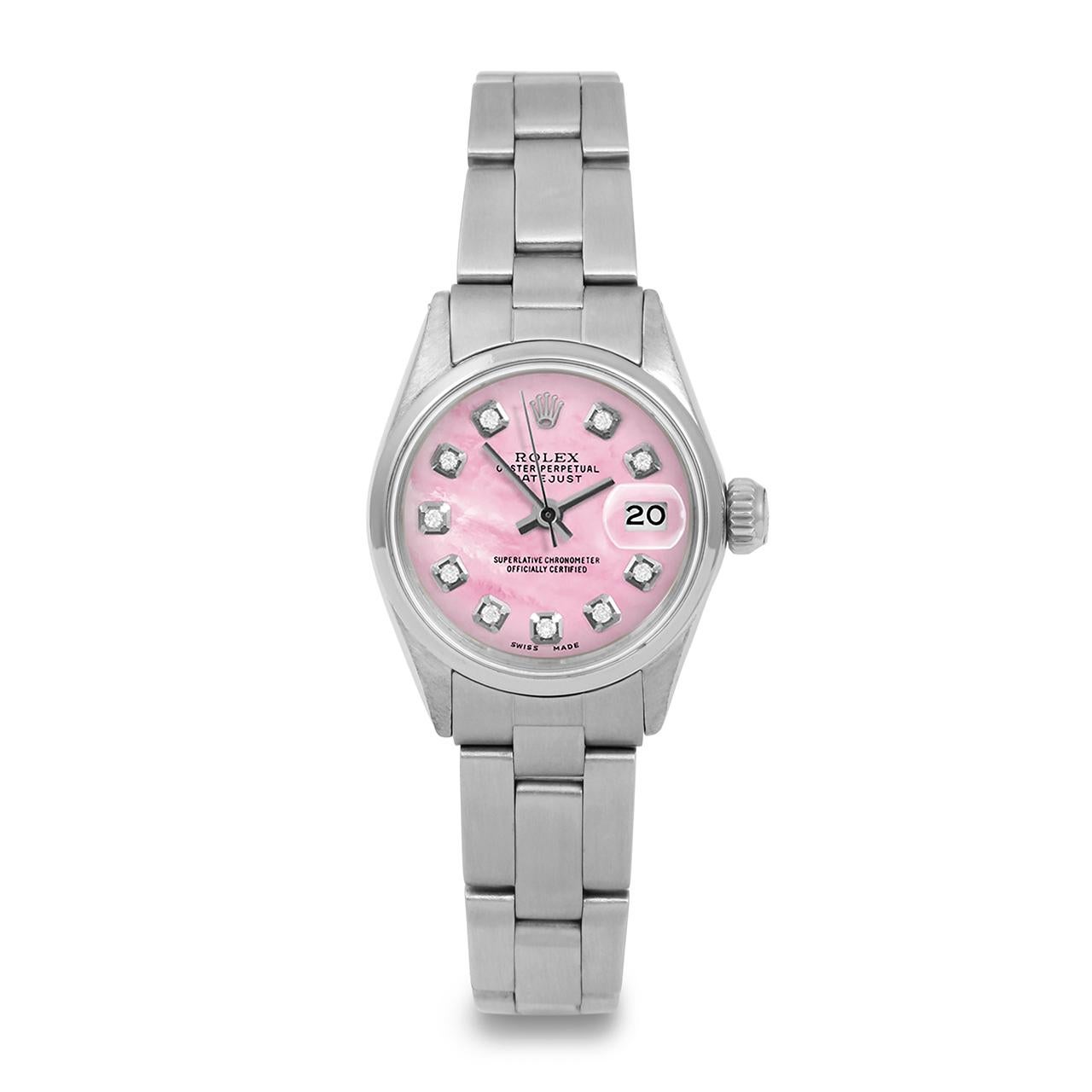 Perle Rolex Ladies SS Datejust Pink Mother of Pearl Diamond Dial Oyster Band Watch en vente