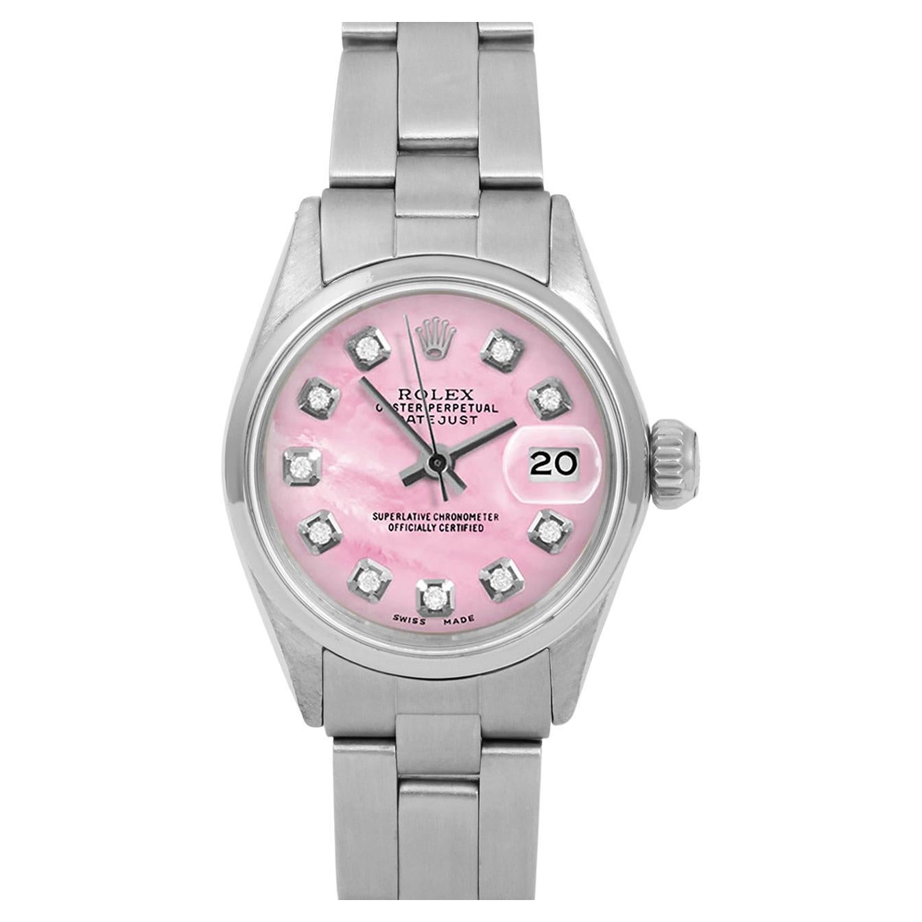 Rolex Ladies SS Datejust Pink Mother of Pearl Diamond Dial Oyster Band Watch en vente