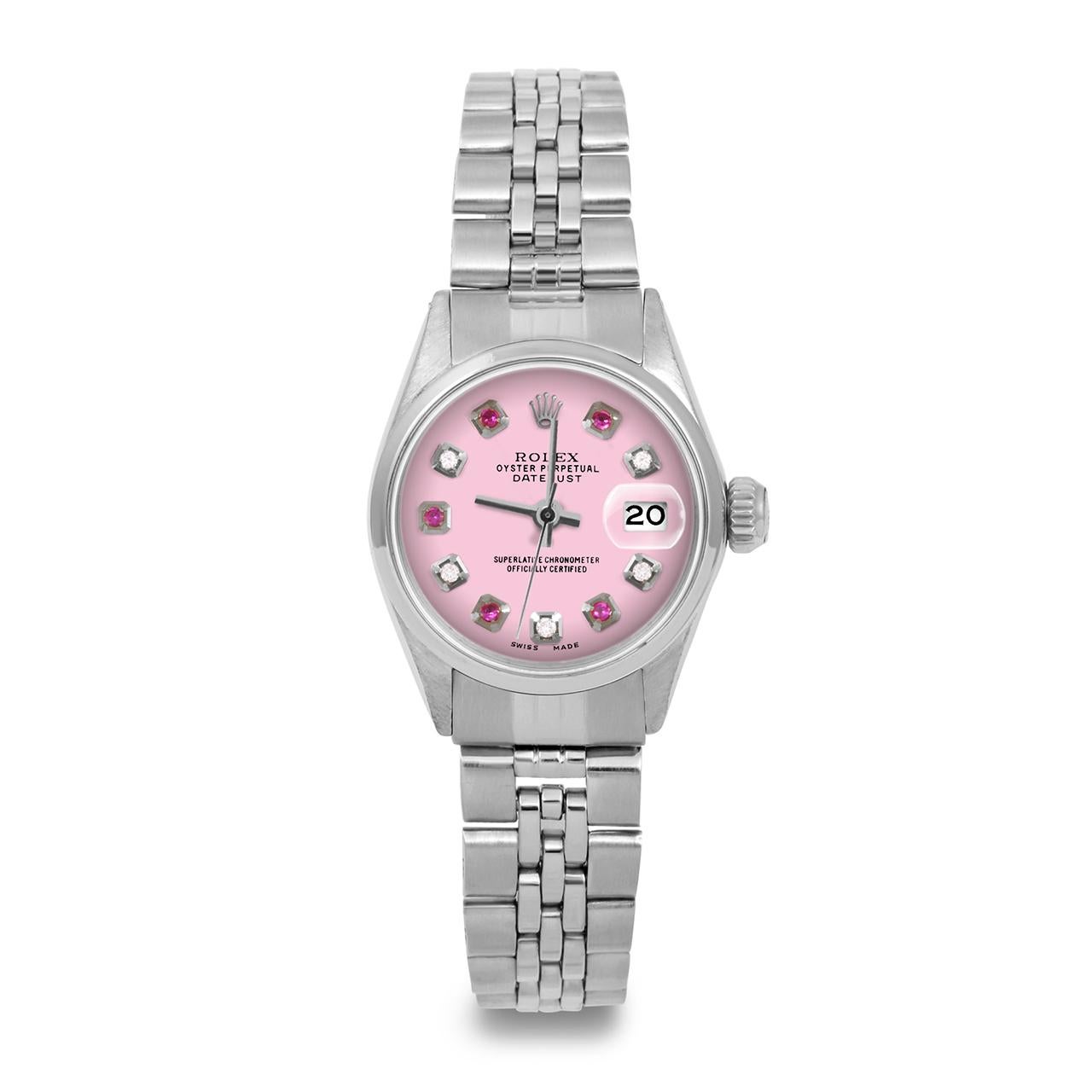 Brand : Rolex
Model : Datejust (Non-Quickset Model)
Gender : Ladies
Metals : Stainless Steel
Case Size : 24 mm

Dial : Custom Pink Ruby Diamond Dial (This dial is not original Rolex And has been added aftermarket yet is a beautiful Custom