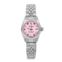 Rolex Ladies SS Datejust Pink Ruby Diamond Dial Smooth Bezel Jubilee Band Watch