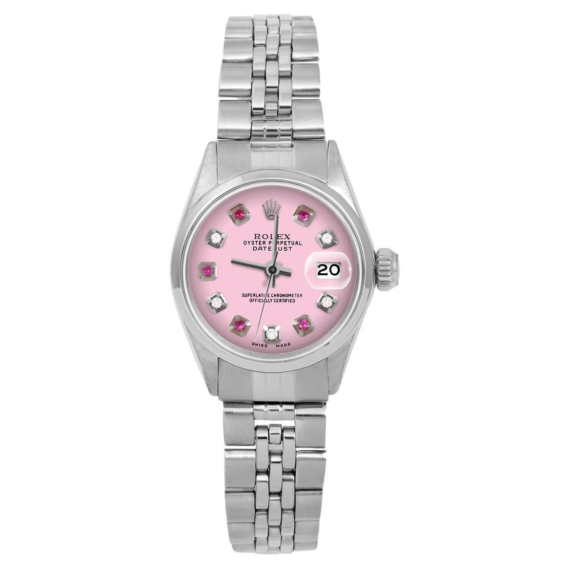 Rolex Ladies SS Datejust Pink Ruby Diamond Dial Smooth Bezel Jubilee Band Watch