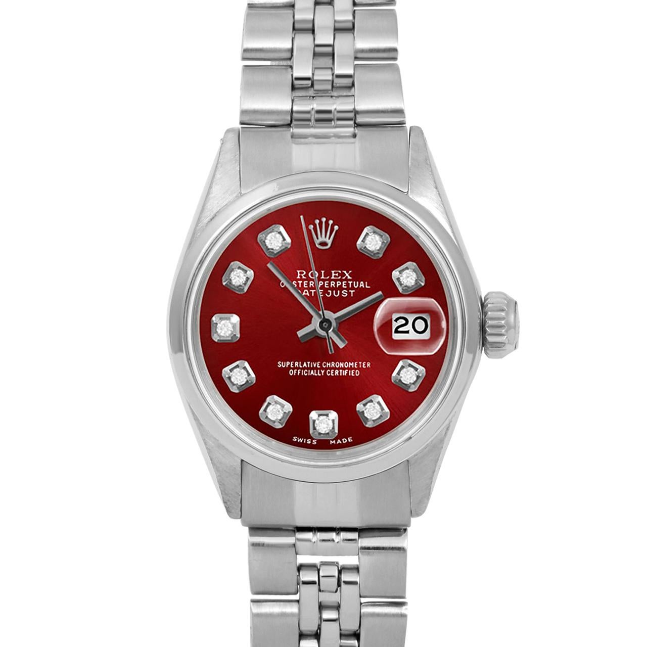 Brand : Rolex
Model : Datejust (Non-Quickset Model)
Gender : Ladies
Metals : Stainless Steel
Case Size : 24 mm

Dial : Custom Red Diamond Dial (This dial is not original Rolex And has been added aftermarket yet is a beautiful Custom addition)

Bezel