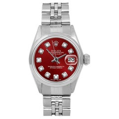 Rolex Ladies SS Datejust Red Diamond Dial Smooth Bezel Jubilee Band Watch