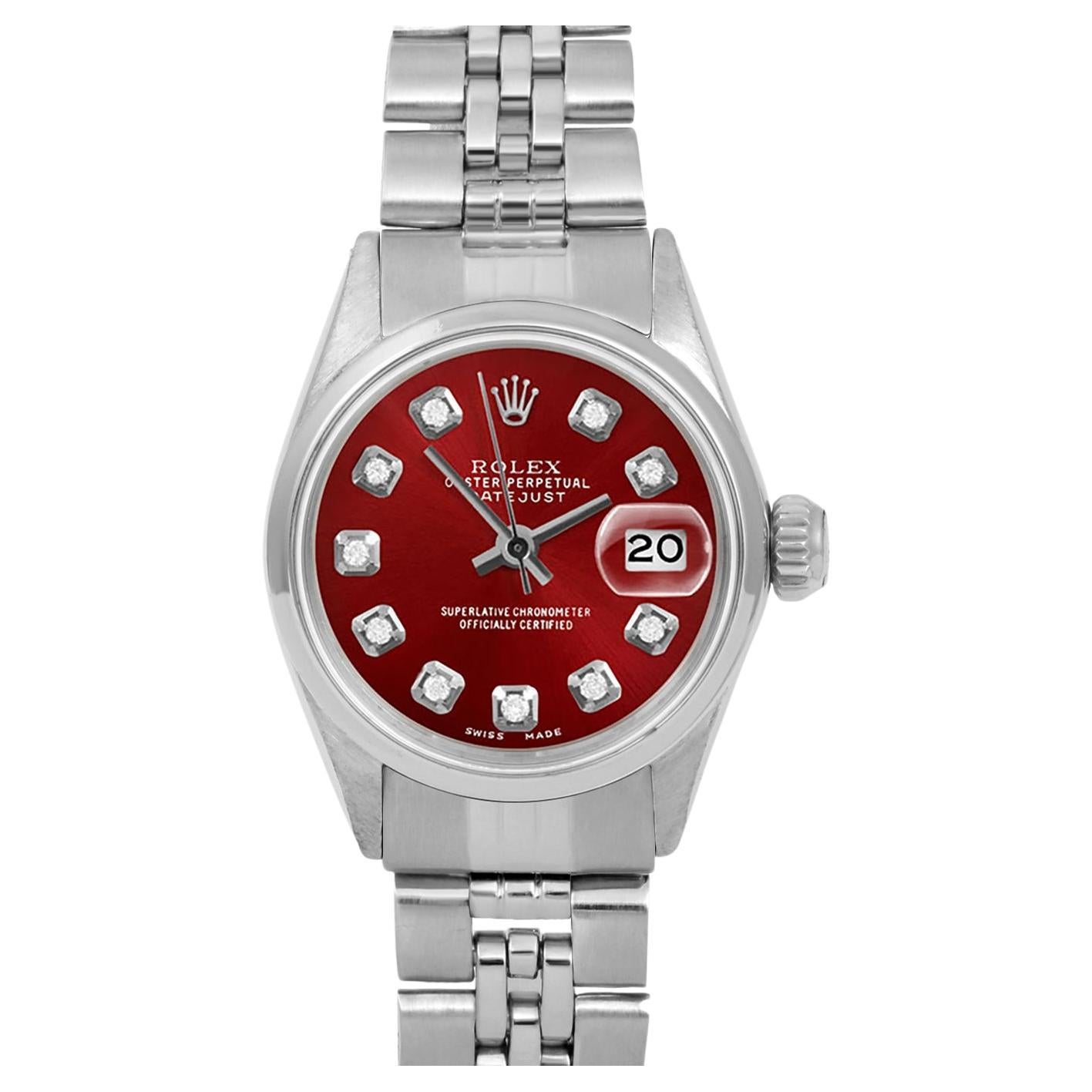 Rolex Ladies SS Datejust Red Diamond Dial Smooth Bezel Jubilee Band Watch For Sale