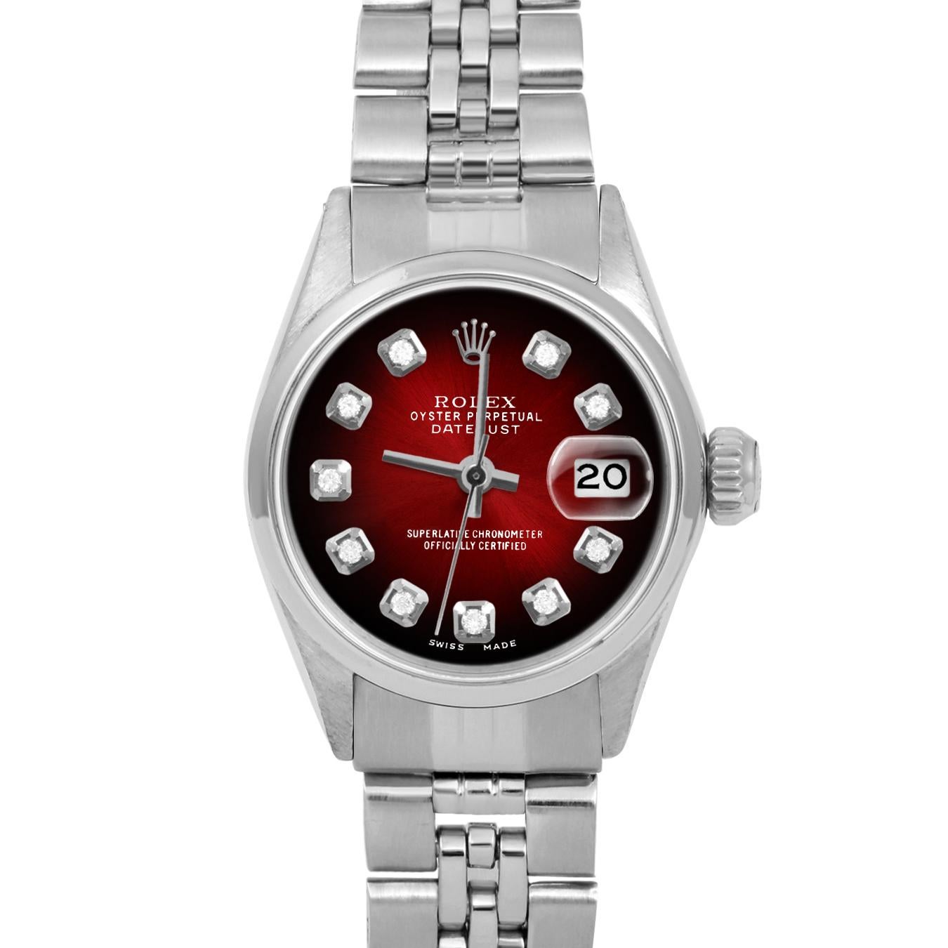 Brand : Rolex
Model : Datejust (Non-Quickset Model)
Gender : Ladies
Metals : Stainless Steel
Case Size : 24 mm

Dial : Custom Red Vignette Diamond Dial (This dial is not original Rolex And has been added aftermarket yet is a beautiful Custom