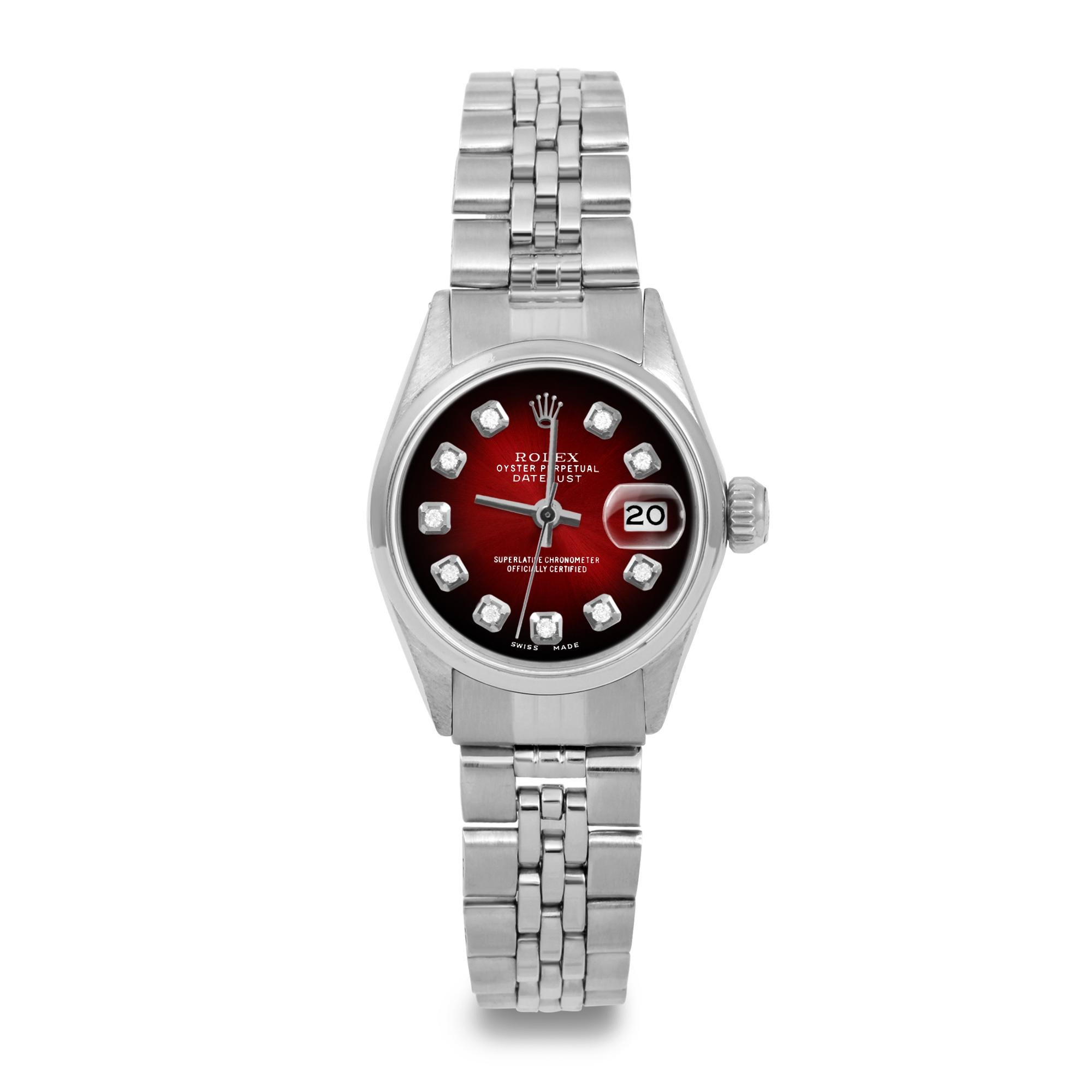 Rolex Damen Ss Datejust Rote Vignette Diamant-Zifferblatt Jubiläumsbanduhr (Perle) im Angebot