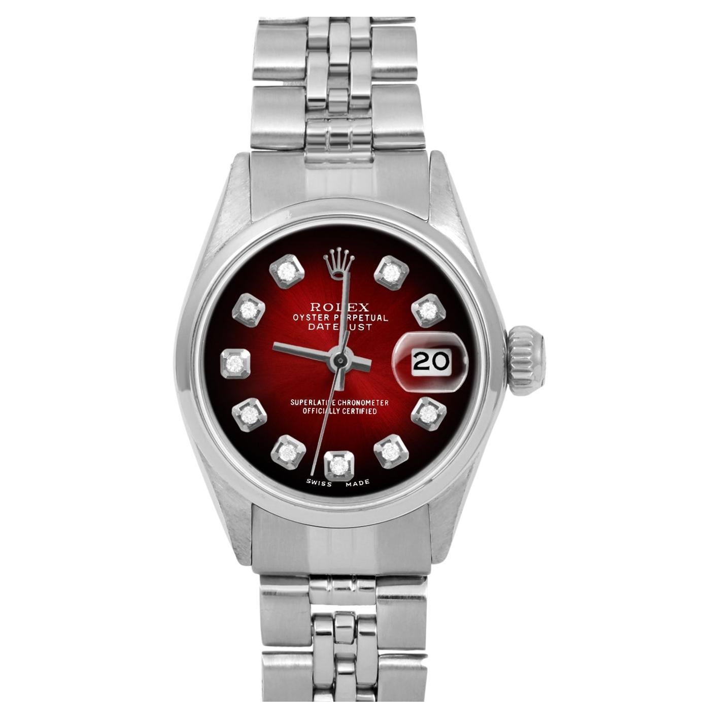 Rolex Ladies Ss Datejust Red Vignette Diamond Dial Jubilee Band Watch For Sale