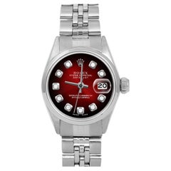 Rolex Ladies Ss Datejust Red Vignette Diamond Dial Jubilee Band Watch