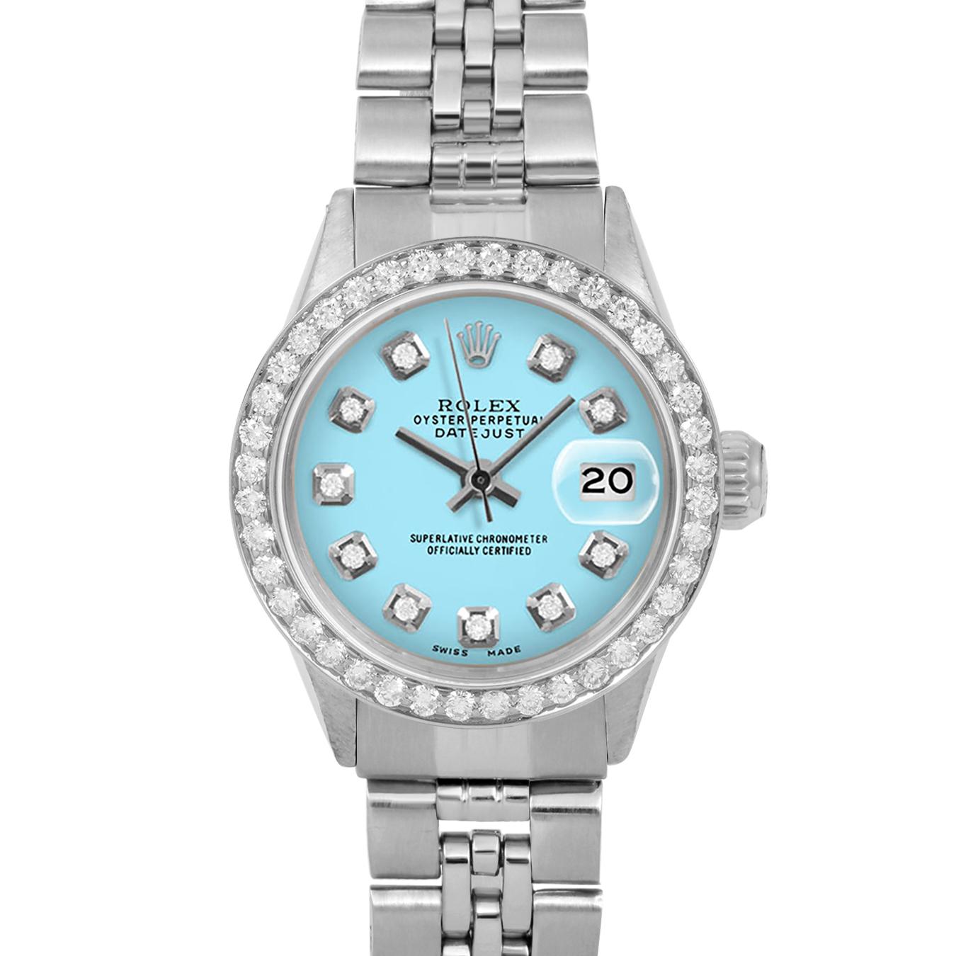 Brand : Rolex
Model : Datejust (Non-Quickset Model)
Gender : Ladies
Metals : Stainless Steel
Case Size : 24 mm
Dial : Custom Turquoise Diamond Dial (This dial is not original Rolex And has been added aftermarket yet is a beautiful Custom