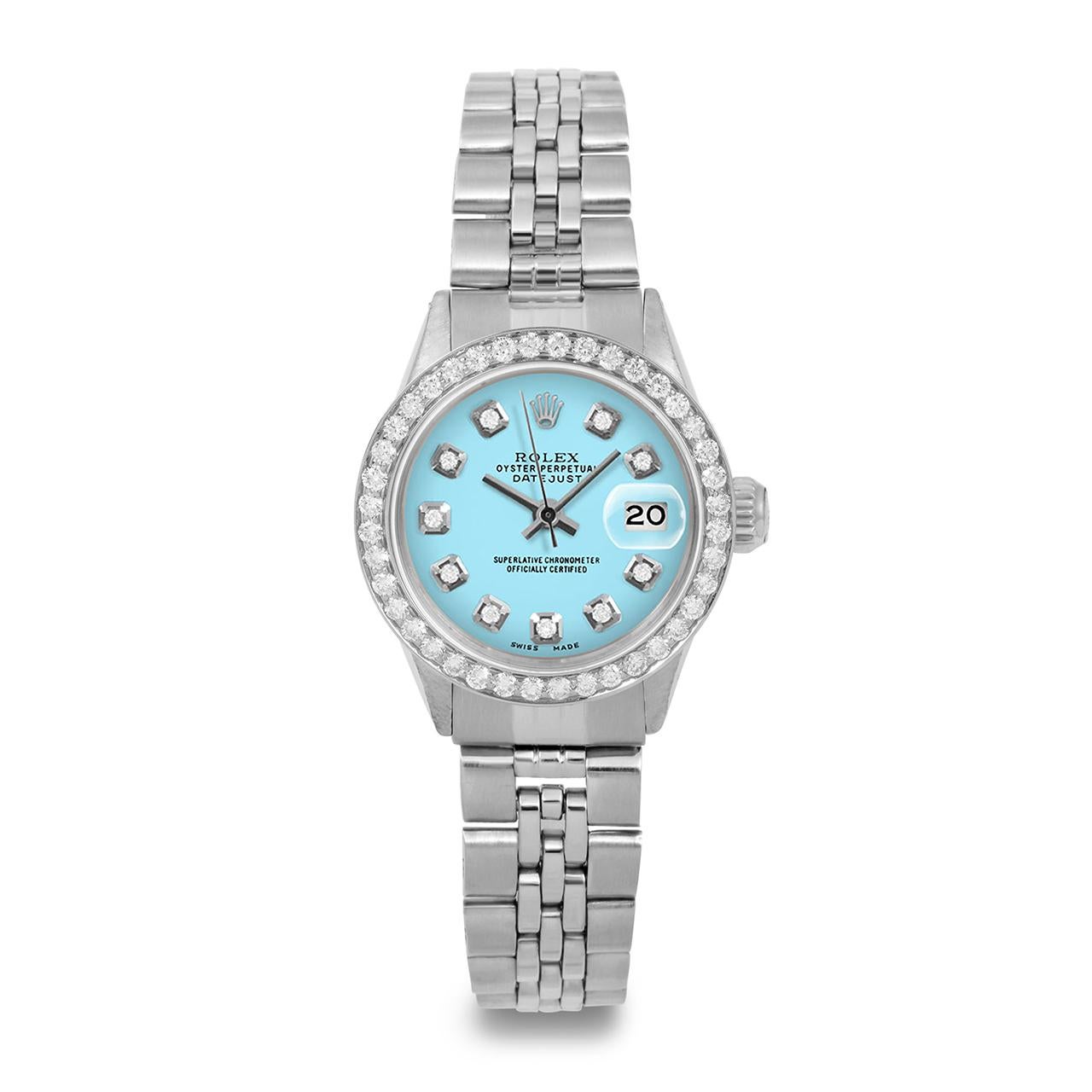 Perle Montre Rolex Ladies SS Datejust Turquoise cadran diamant lunette diamant bracelet jubilé