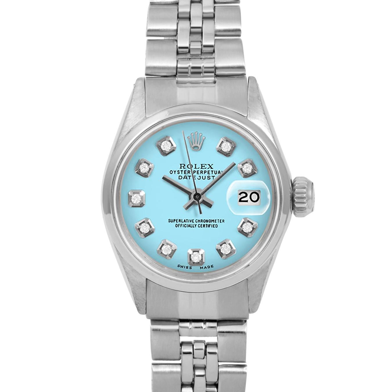 Brand : Rolex
Model : Datejust (Non-Quickset Model)
Gender : Ladies
Metals : Stainless Steel
Case Size : 24 mm

Dial : Custom Turquoise Diamond Dial (This dial is not original Rolex And has been added aftermarket yet is a beautiful Custom