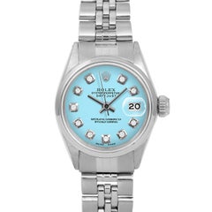Rolex Ladies Ss Datejust Turquoise Diamond Dial Smooth Bezel Jubilee Band Watch