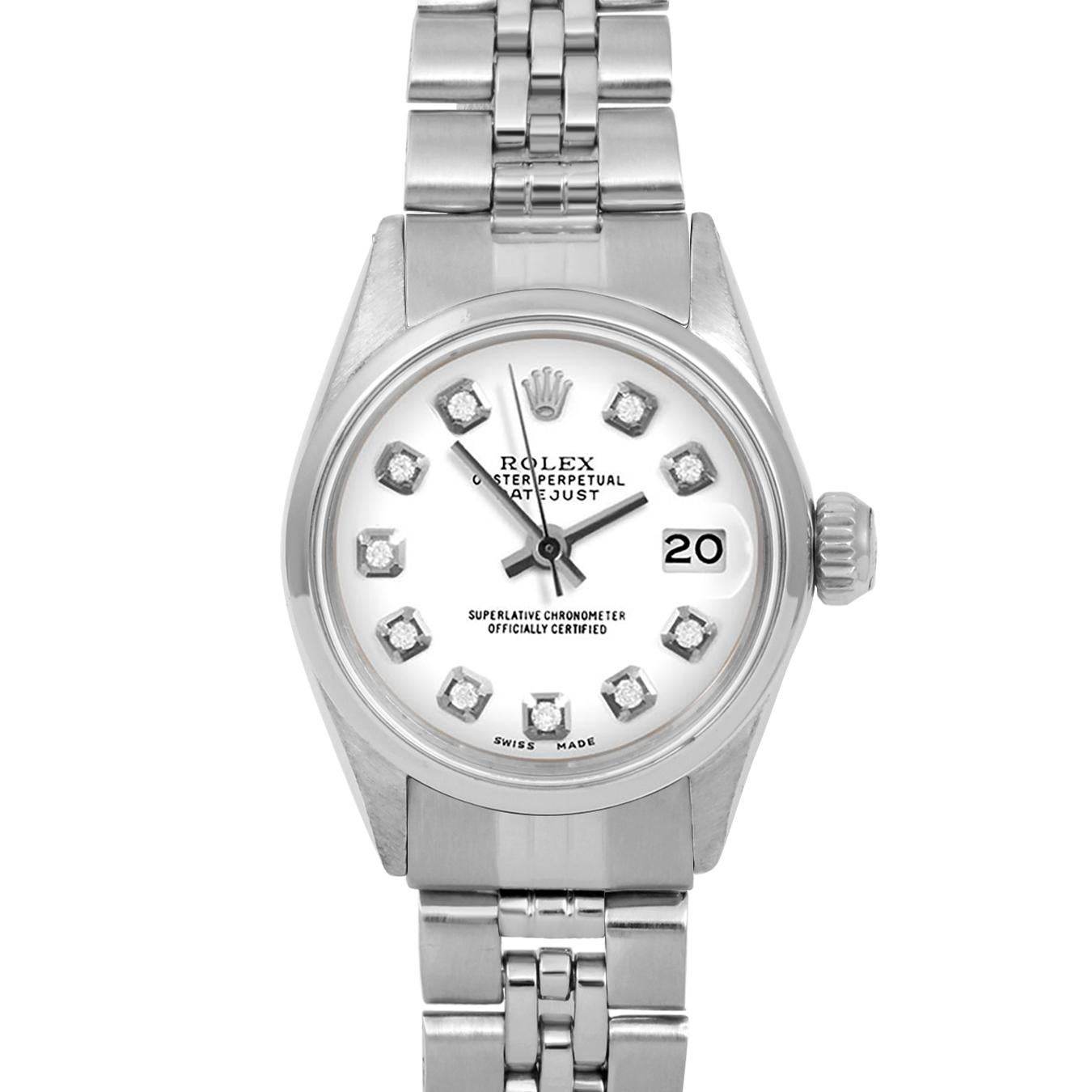 Brand : Rolex
Model : Datejust (Non-Quickset Model)
Gender : Ladies
Metals : Stainless Steel
Case Size : 24 mm

Dial : Custom White Diamond Dial (This dial is not original Rolex And has been added aftermarket yet is a beautiful Custom