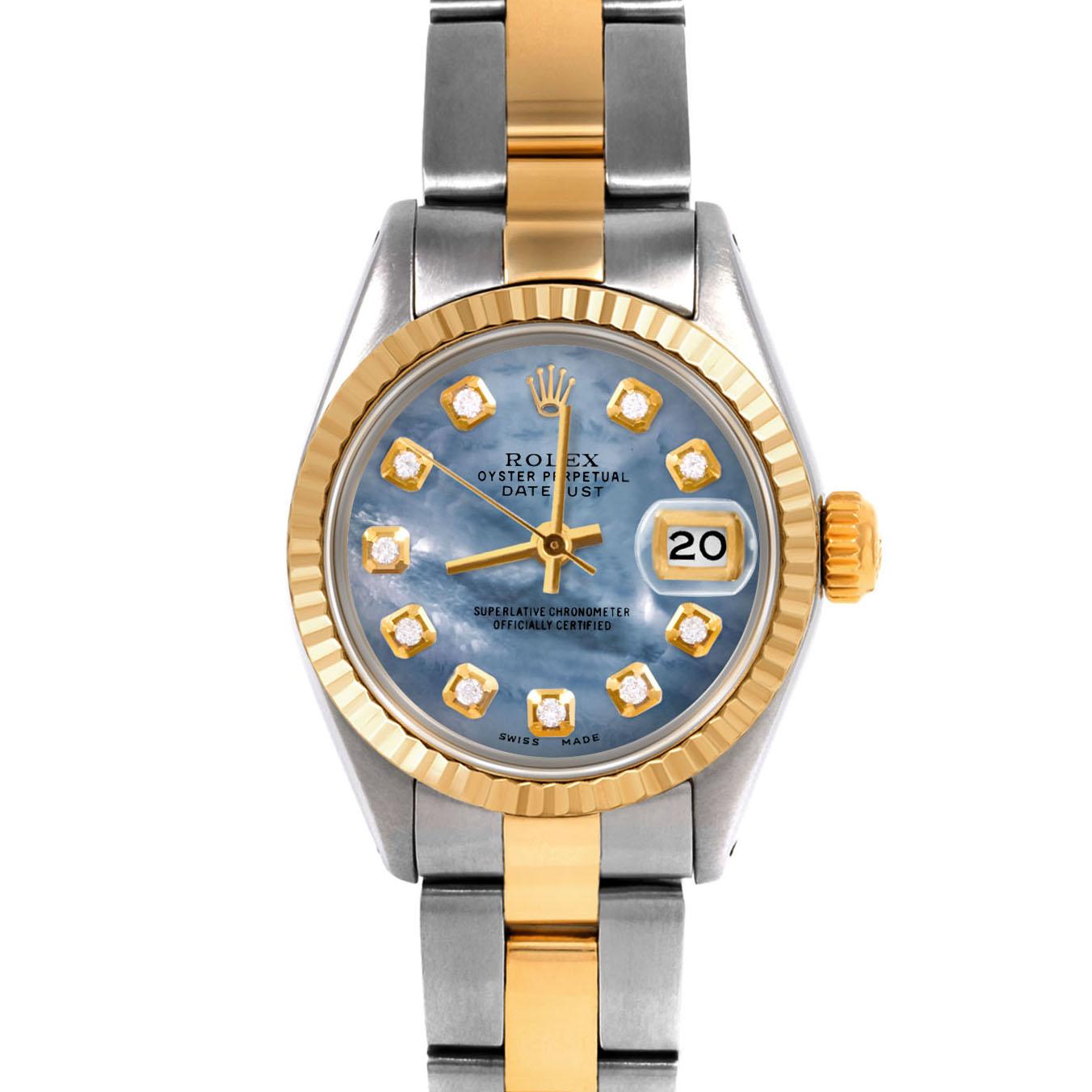 Swiss Wrist - SKU 6917-TT-BLMOP-DIA-AM-FLT-OYS

Brand : Rolex
Model : Datejust (Non-Quickset Model)
Gender : Ladies
Metals : 14K/Stainless Steel
Case Size : 26 mm

Dial : Custom Blue Mother Of Pearl Diamond Dial (This dial is not original Rolex And