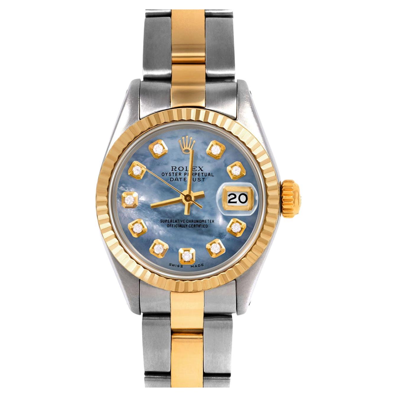 Rolex Ladies TT Datejust Blue Mother of Pearl Diamond Dial Oyster Band Watch For Sale
