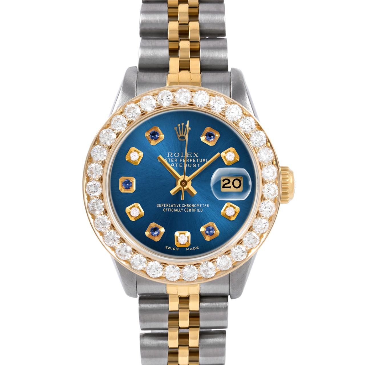 Swiss Wrist - SKU 6917-TT-BLU-DIA-AM-2CT-JBL

Brand : Rolex
Model : Datejust (Non-Quickset Model)
Gender : Ladies
Metals : 14K/Stainless Steel
Case Size : 26 mm

Dial : Custom Blue Sapphire Diamond Dial (This dial is not original Rolex And has been