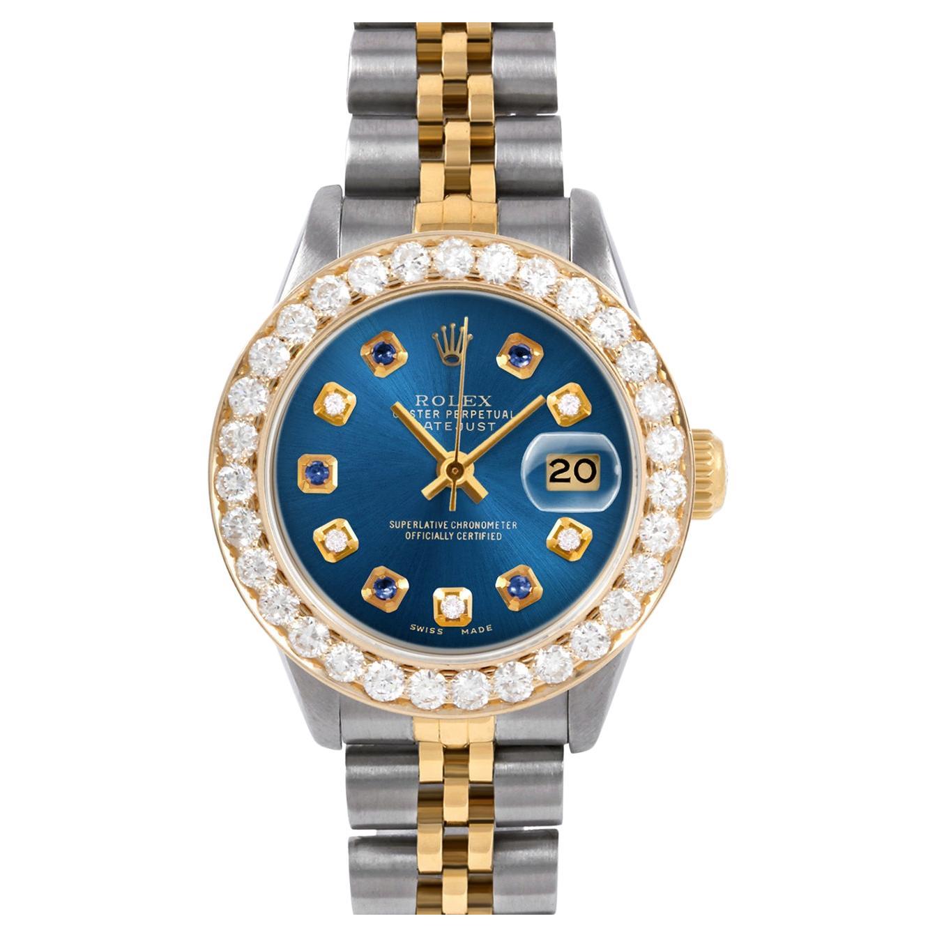 Rolex Ladies TT Datejust Blue Sapphire Diamond Dial 2 Carat Diamond Bezel Watch For Sale