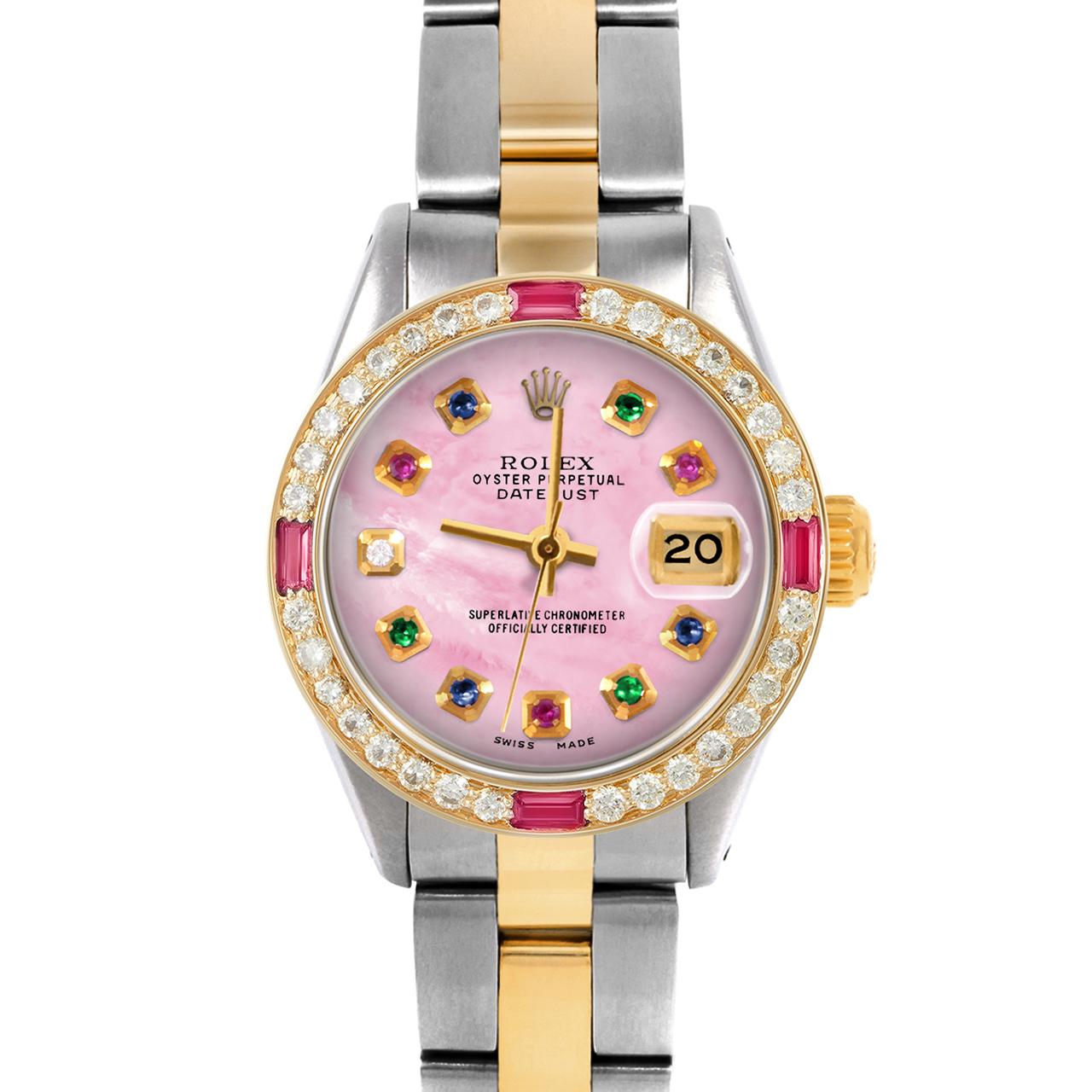 Swiss Wrist - SKU 6917-TT-PMOP-DIA-AM-BDS-OYS

Brand : Rolex
Model : Datejust (Non-Quickset Model)
Gender : Ladies
Metals : 14K/Stainless Steel
Case Size : 26 mm

Dial : Custom Pink Mother Of Pearl Rainbow Emerald Ruby Sapphire Diamond Dial (This