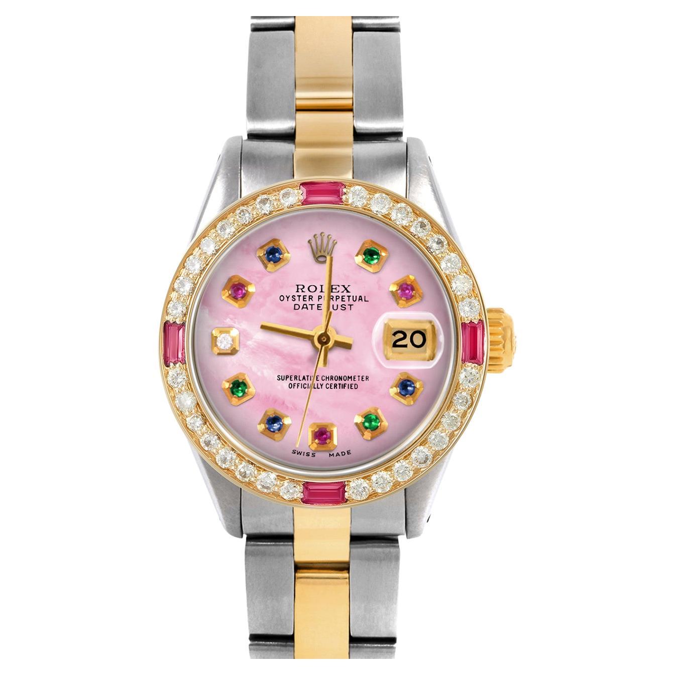 Rolex Ladies TT Datejust Pink MOP Rainbow Diamond Dial Ruby Diamond Bezel Watch For Sale
