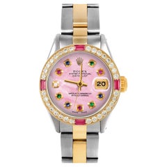Rolex Ladies TT Datejust Pink MOP Rainbow Diamond Dial Ruby Diamond Bezel Watch