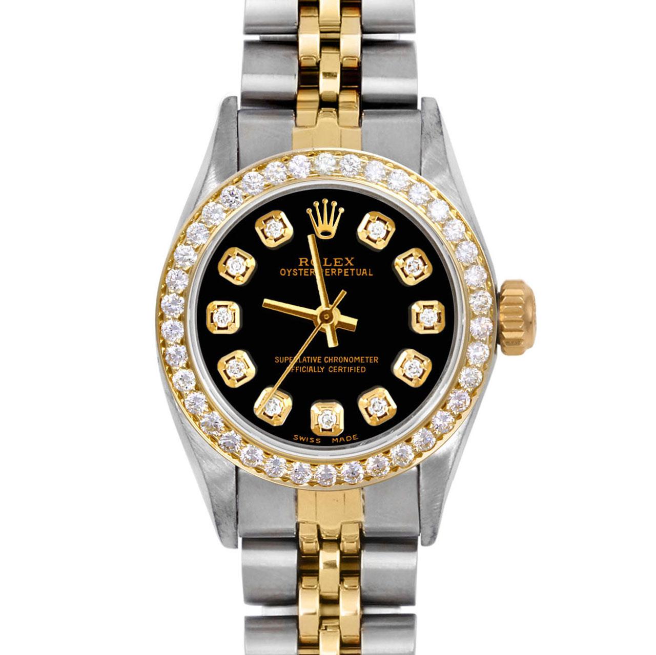 Marke : Rolex
Modell : Oyster Perpetual 
Geschlecht : Damen
Metalle : 14K Gelbgold / Edelstahl
Gehäusegröße: 24 mm

Zifferblatt : Custom Black Diamond Dial (Dieses Zifferblatt ist nicht original Rolex und wurde nachträglich hinzugefügt, ist aber