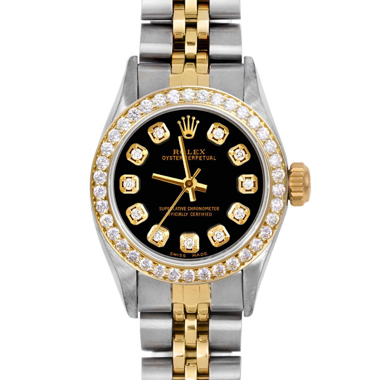 Brand : Rolex
Model : Oyster Perpetual 
Gender : Ladies
Metals : 14K Yellow Gold / Stainless Steel
Case Size : 24 mm

Dial : Custom Black Diamond Dial (This dial is not original Rolex And has been added aftermarket yet is a beautiful Custom