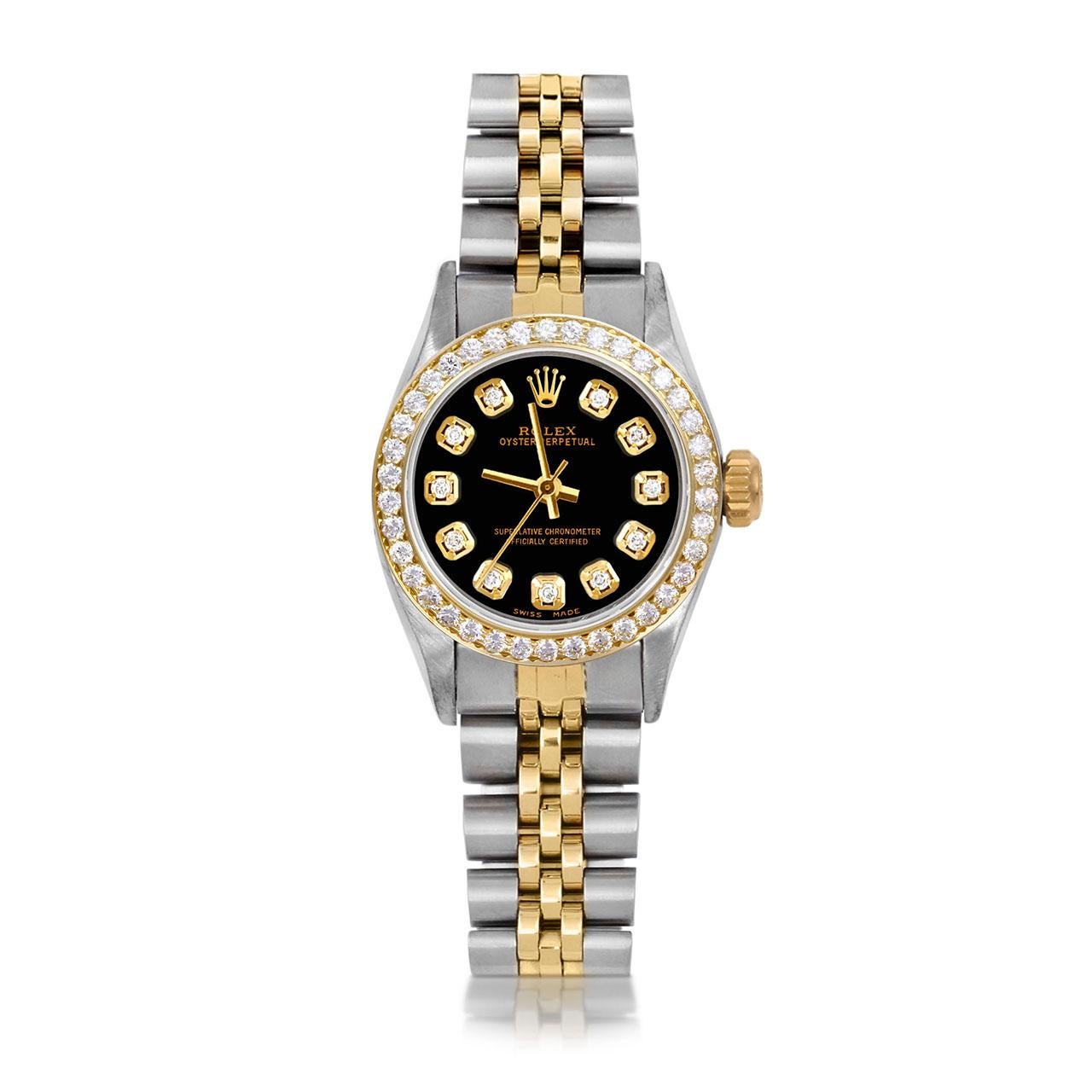 Rolex Damen TT Oyster Perpetual Schwarzes Diamant-Zifferblatt Diamant-Lünette Jubiläumsuhr (Perle)