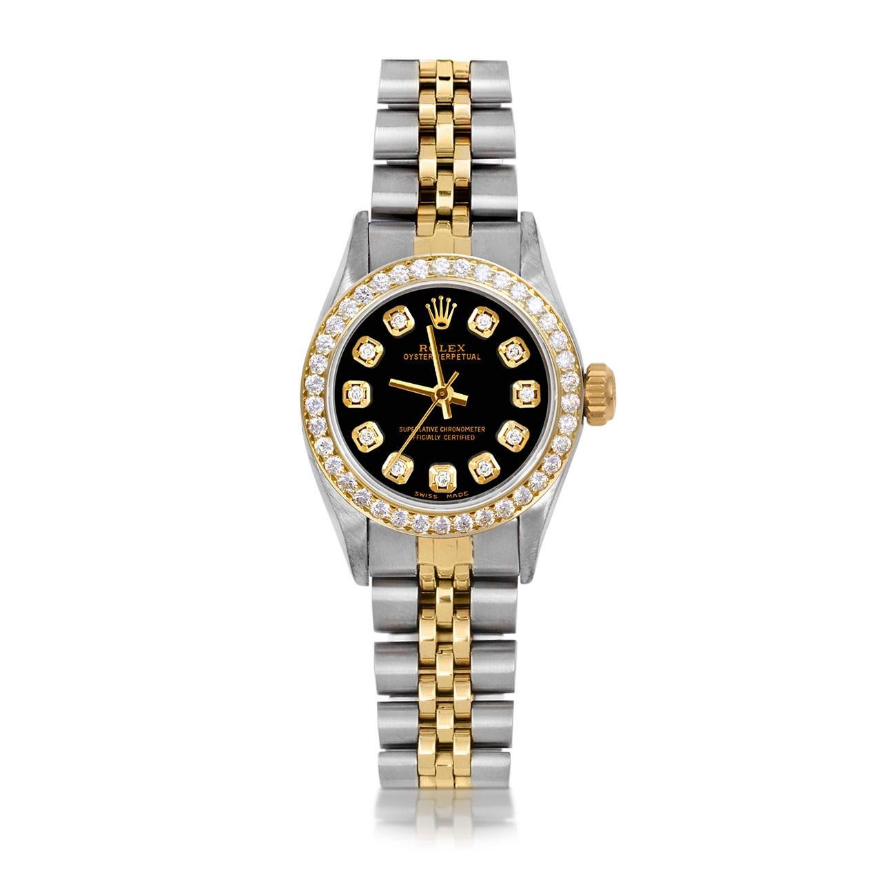 Bead Rolex Ladies TT Oyster Perpetual Black Diamond Dial Diamond Bezel Jubilee Watch For Sale