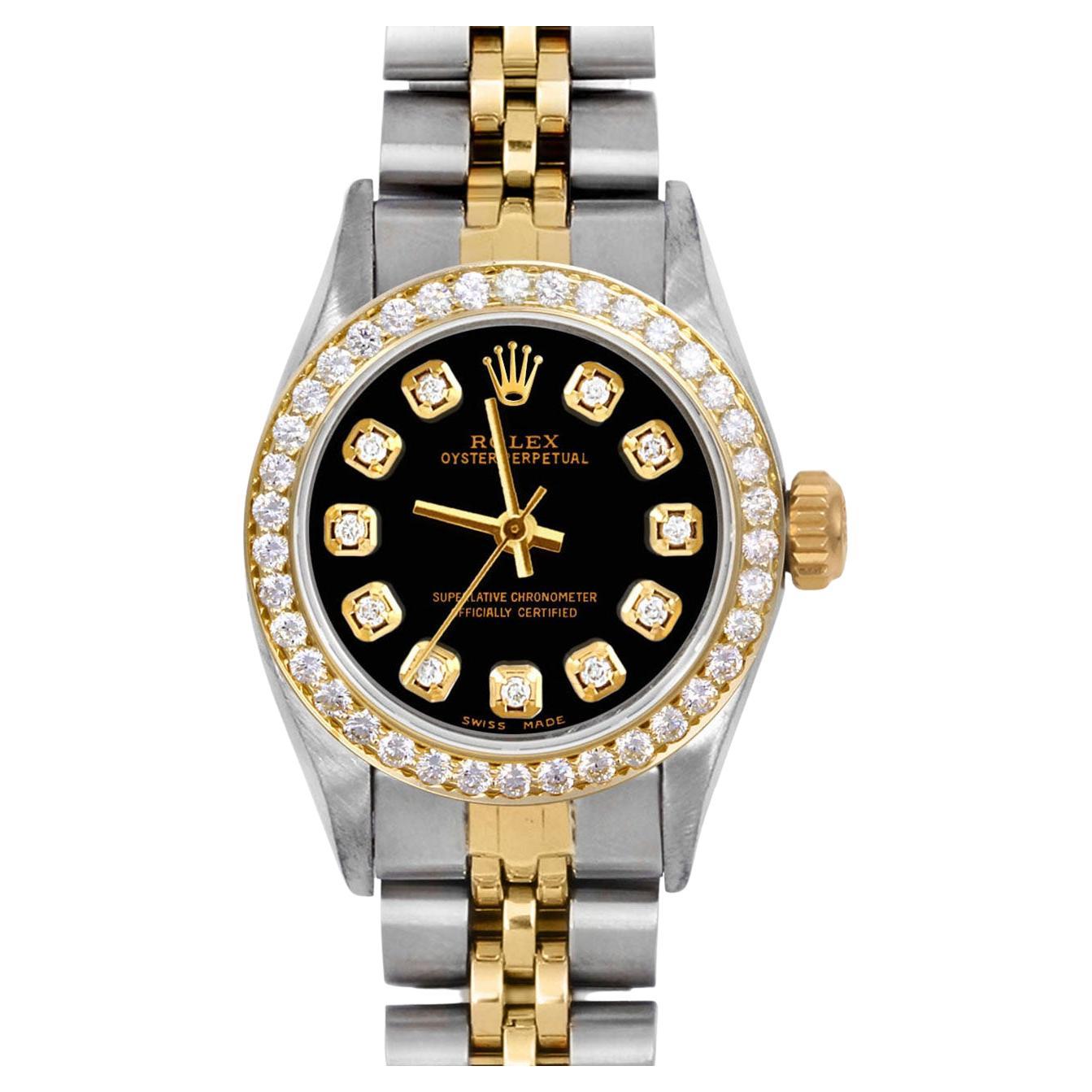 Rolex Ladies TT Oyster Perpetual Black Diamond Dial Diamond Bezel Jubilee Watch For Sale
