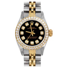 Rolex Ladies TT Oyster Perpetual Black Diamond Dial Diamond Bezel Jubilee Watch