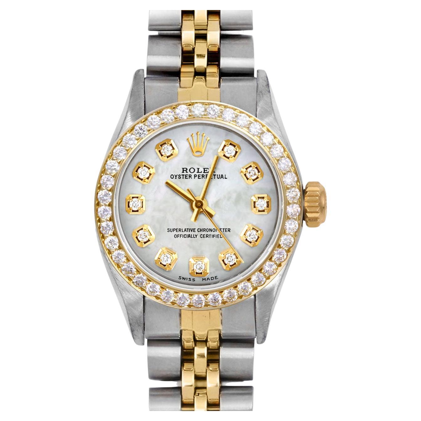 Rolex Ladies TT Oyster Perpetual MOP Diamond Dial Diamond Bezel Jubilee Watch