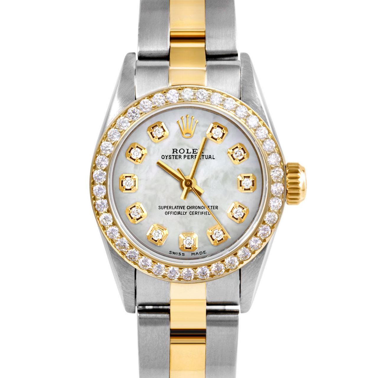 Brand : Rolex
Model : Oyster Perpetual 
Gender : Ladies
Metals : 14K Yellow Gold / Stainless Steel
Case Size : 24 mm
Dial : Custom Mother Of Pearl Diamond Dial (This dial is not original Rolex And has been added aftermarket yet is a beautiful Custom