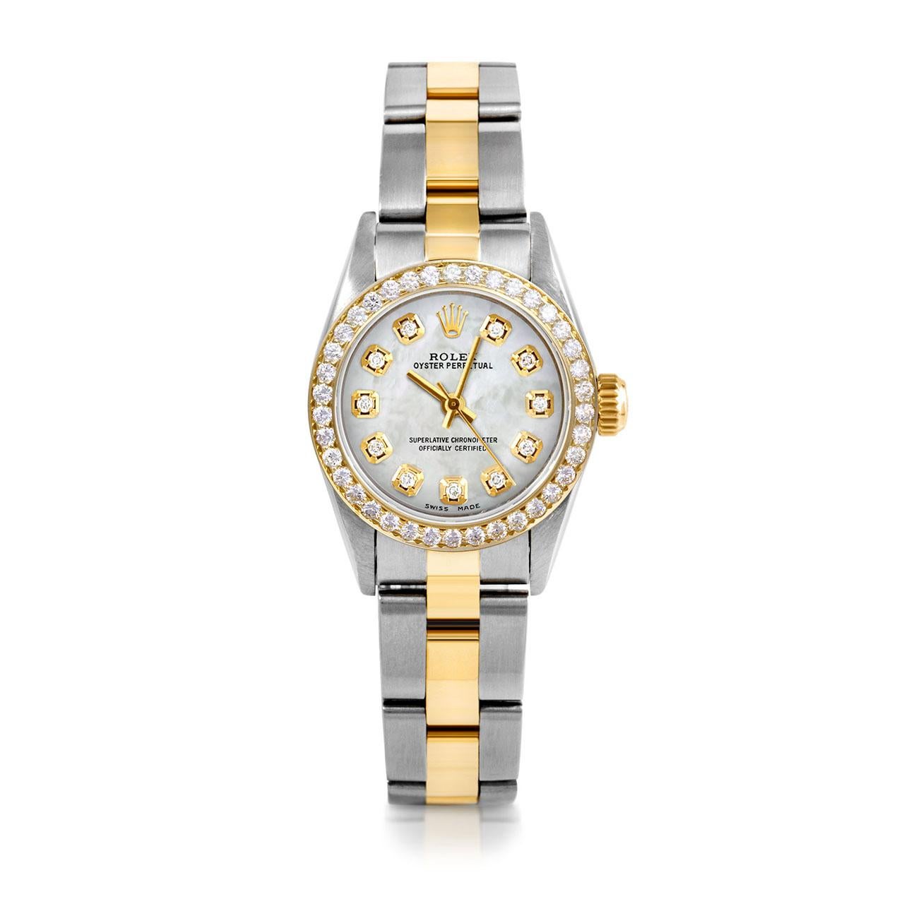 Rolex Damen TT Oyster Perpetual MOP Diamant-Zifferblatt Diamant-Lünette Oyster-Uhr (Perle) im Angebot