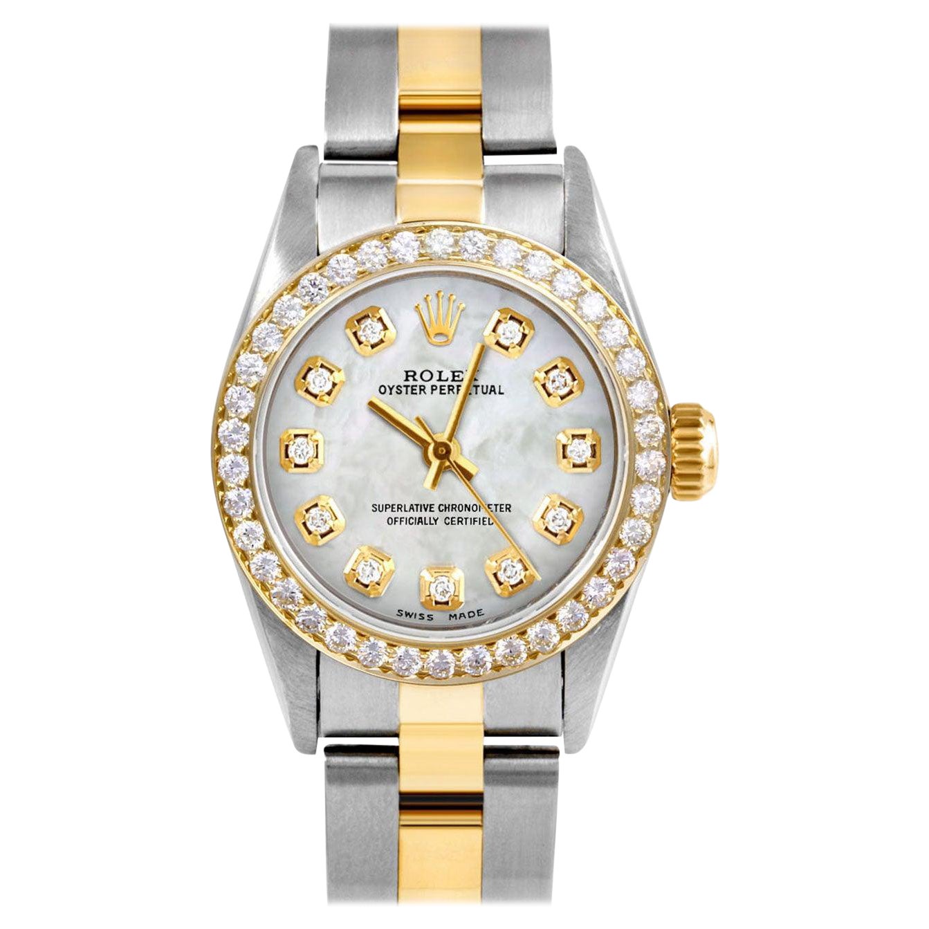 Rolex Ladies TT Oyster Perpetual MOP Diamond Dial Diamond Bezel Oyster Watch