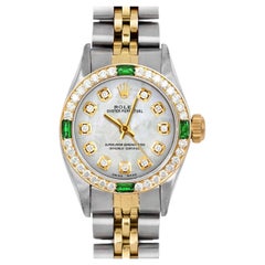 Vintage Rolex Ladies TT Oyster Perpetual MOP Diamond Dial Emerald Diamond Bezel Watch