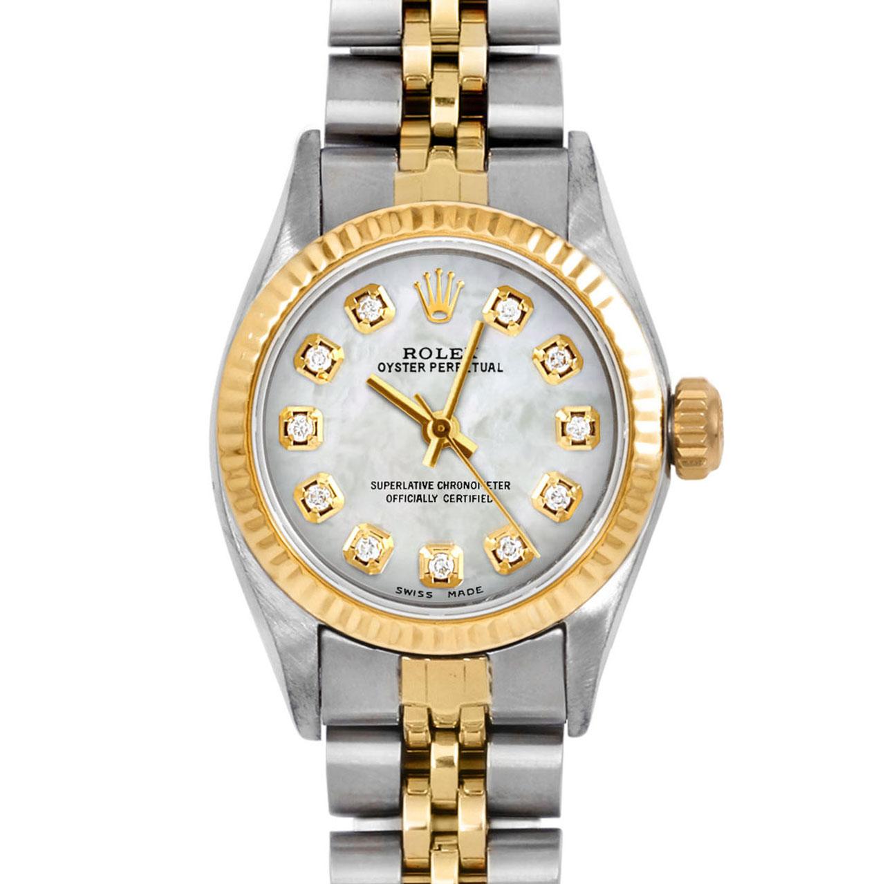 Brand : Rolex
Model : Oyster Perpetual 
Gender : Ladies
Metals : 14K Yellow Gold / Stainless Steel
Case Size : 24 mm
Dial : Custom Mother Of Pearl Diamond Dial (This dial is not original Rolex And has been added aftermarket yet is a beautiful Custom