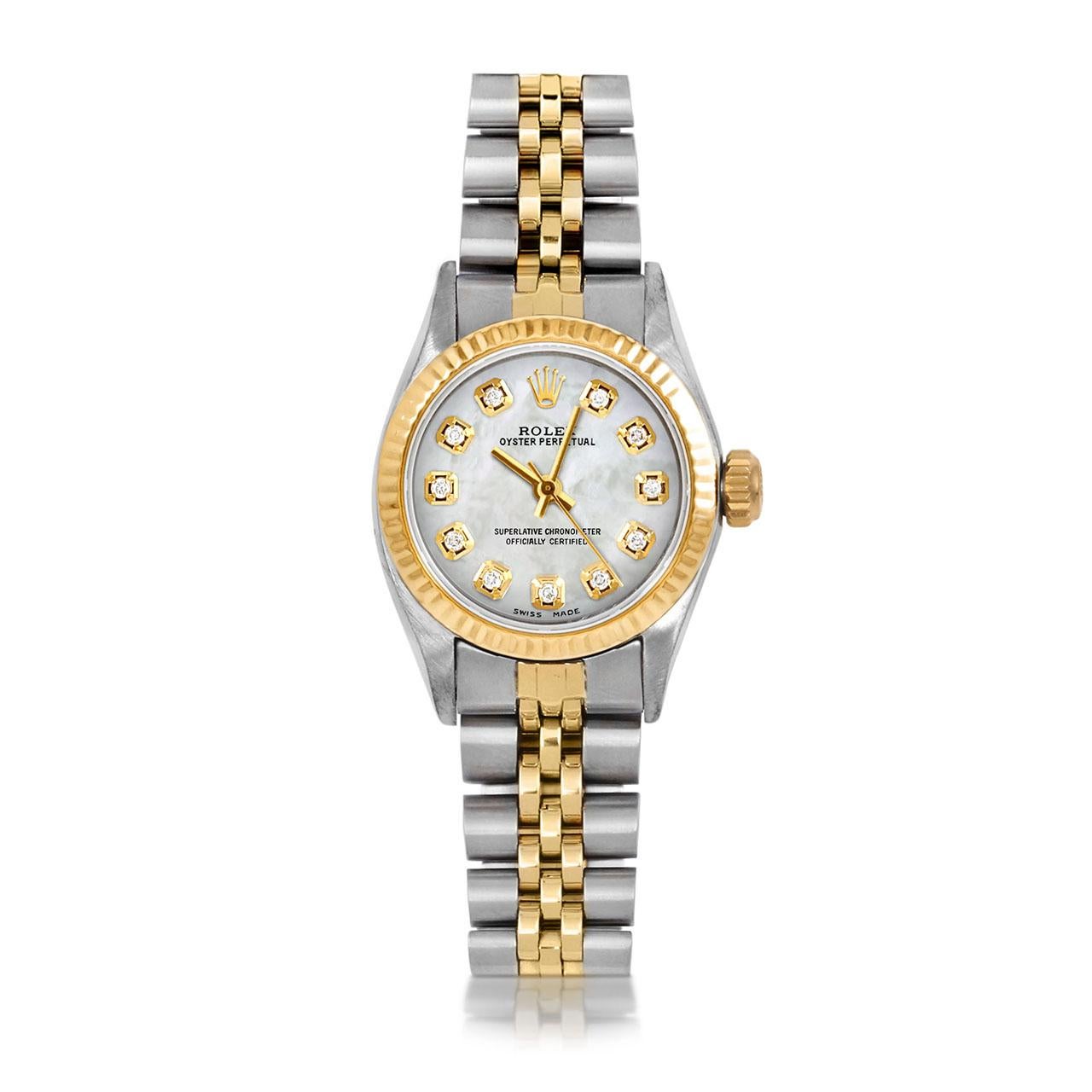 Bead Rolex Ladies TT Oyster Perpetual MOP Diamond Dial Fluted Bezel Jubilee Watch For Sale