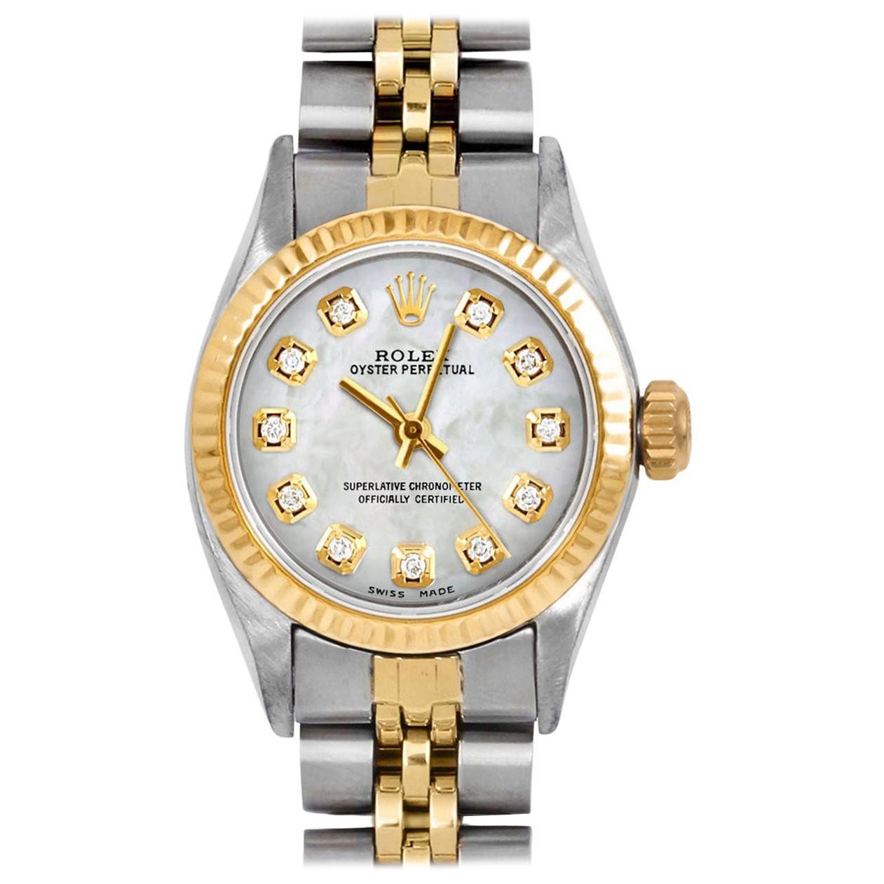 Rolex Damen TT Oyster Perpetual MOP Diamant Zifferblatt geriffelte Lünette Jubiläumsuhr