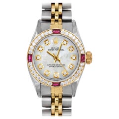 Retro Rolex Ladies TT Oyster Perpetual MOP Diamond Dial Ruby Diamond Bezel Watch