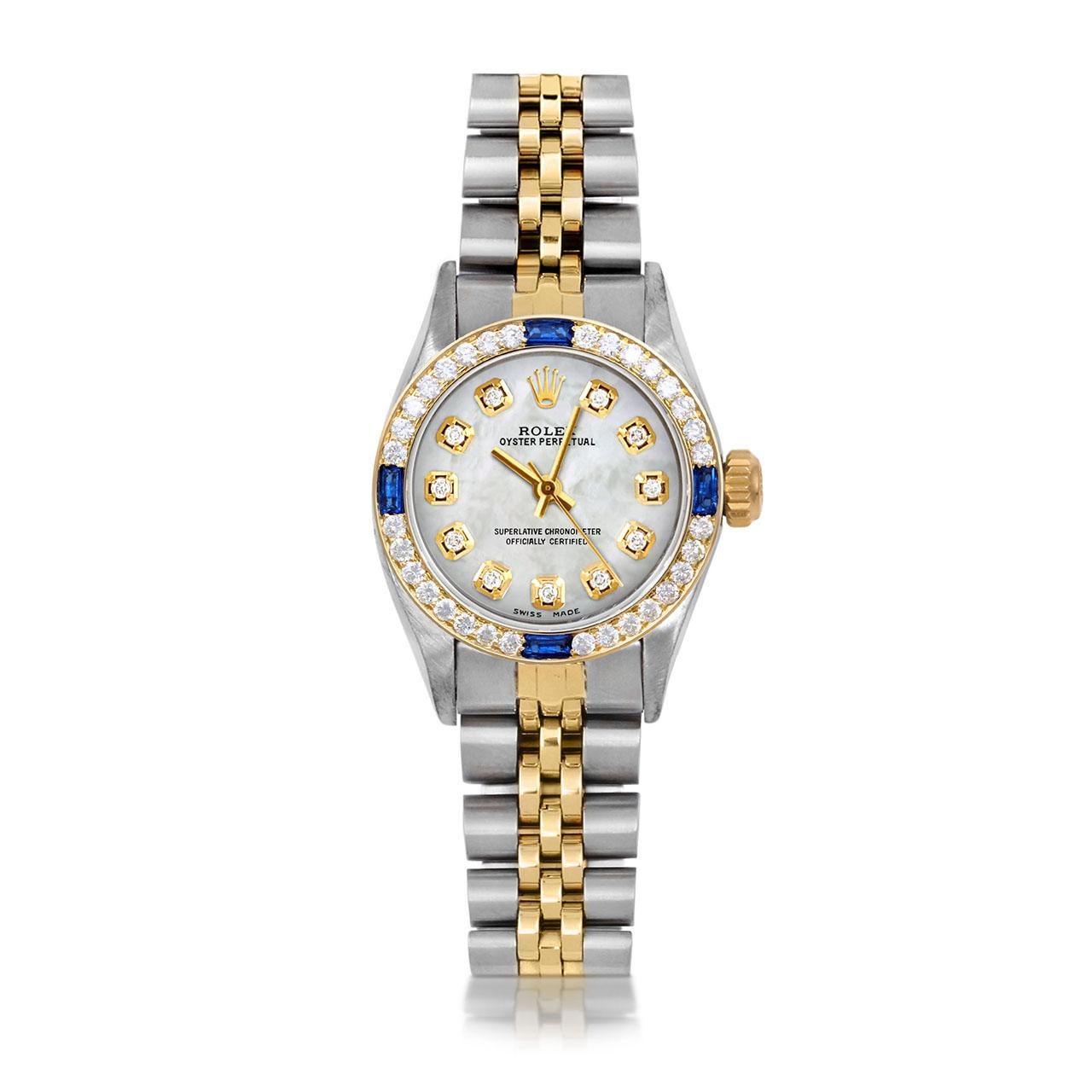 Rolex Damen TT Oyster Perpetual MOP Diamant-Zifferblatt Saphir-Diamant-Lünette-Uhr (Perle) im Angebot