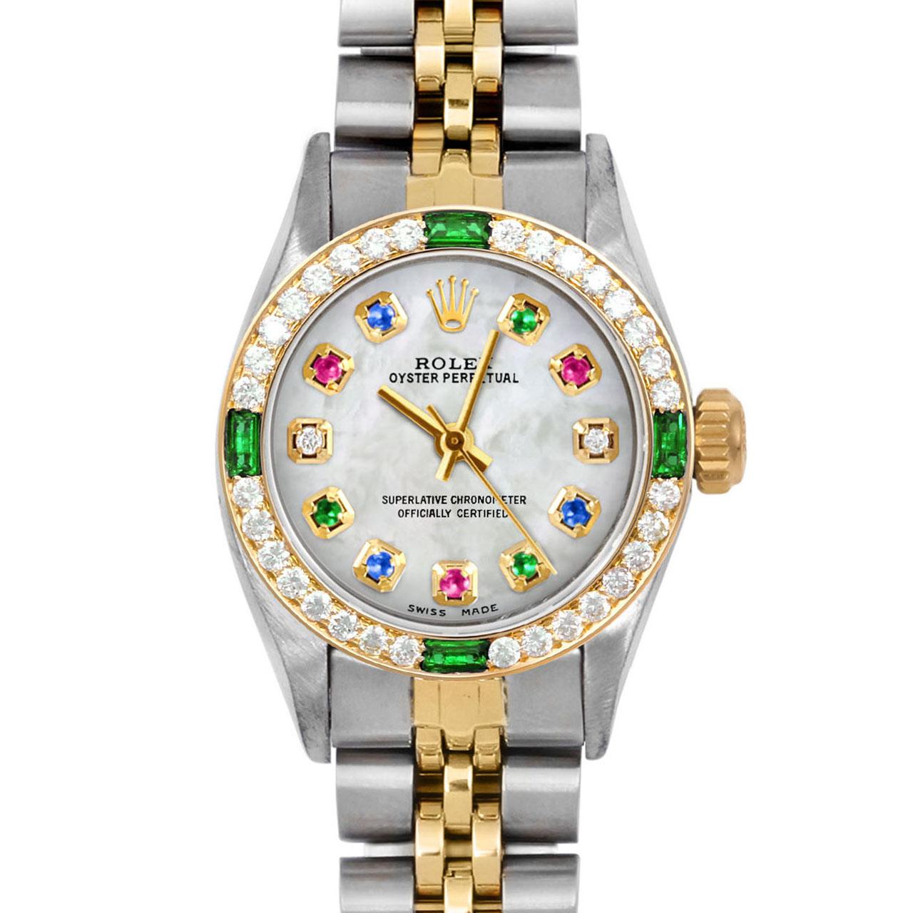 Brand : Rolex
Model : Oyster Perpetual 
Gender : Ladies
Metals : 14K Yellow Gold / Stainless Steel
Case Size : 24 mm

Dial : Custom Synthetic MOP Rainbow Emerald Ruby Sapphire Diamond Dial (This dial is not original Rolex And has been added