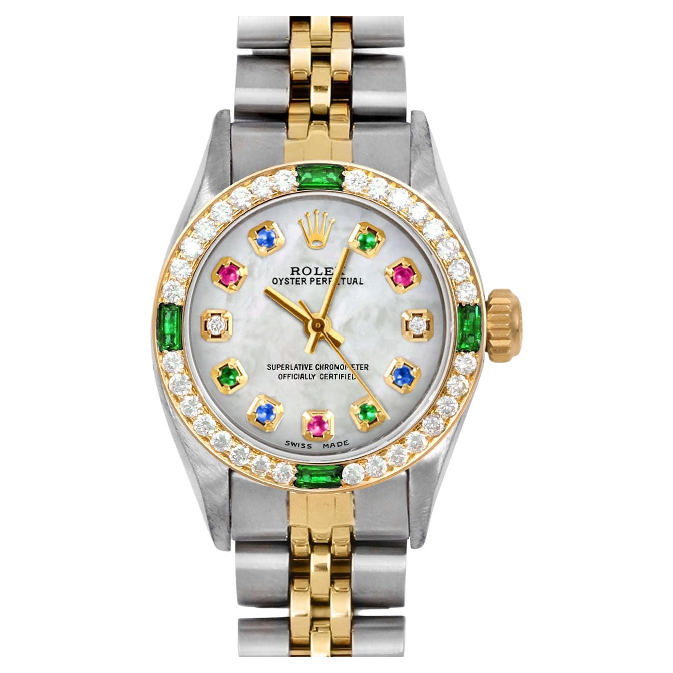 Rolex Donna TT Oyster Perpetual MOP Quadrante Diamante Arcobaleno Lunetta Diamante Smeraldo