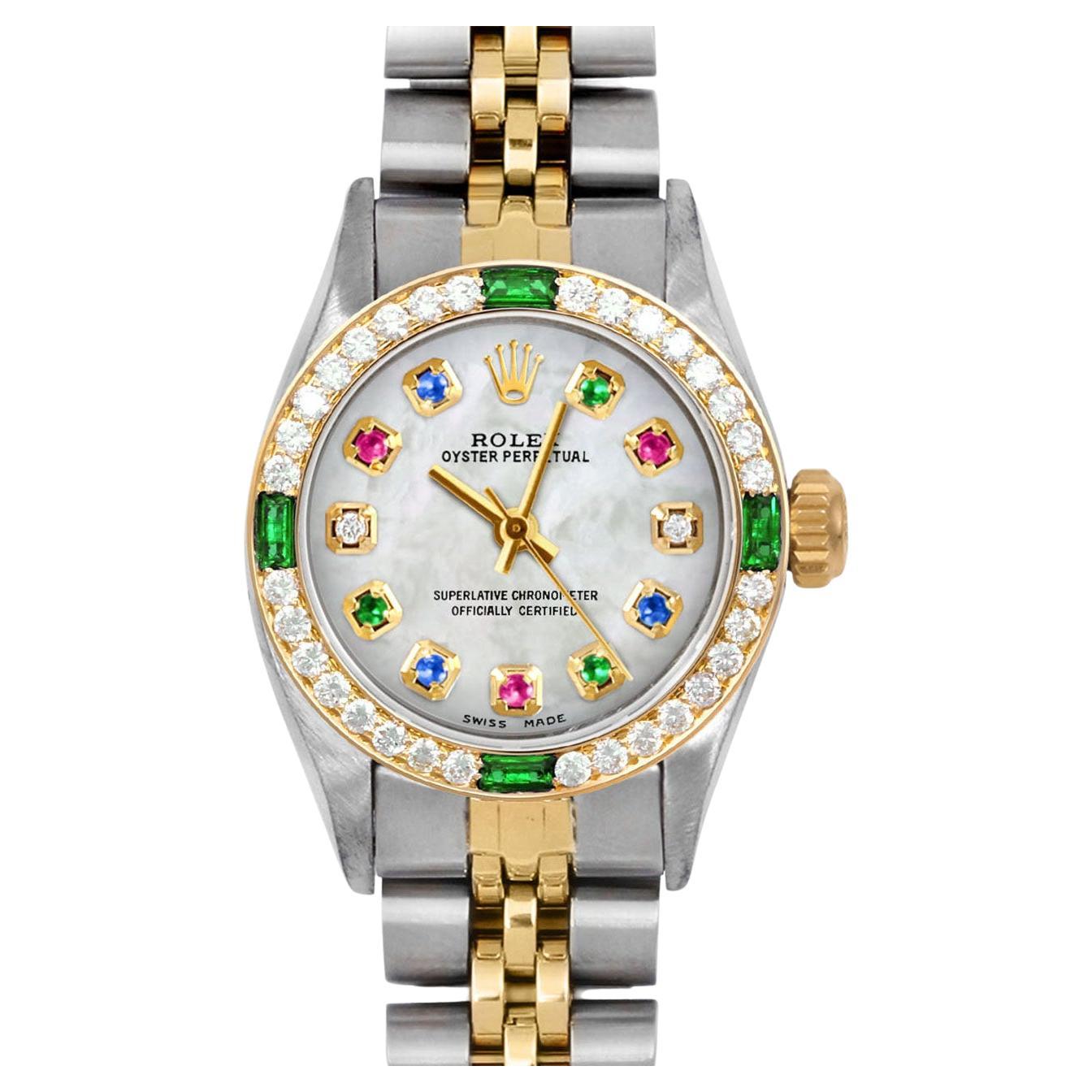 Rolex Damen TT Oyster Perpetual MOP Regenbogen Diamant-Zifferblatt Smaragd-Diamant-Lünette im Angebot