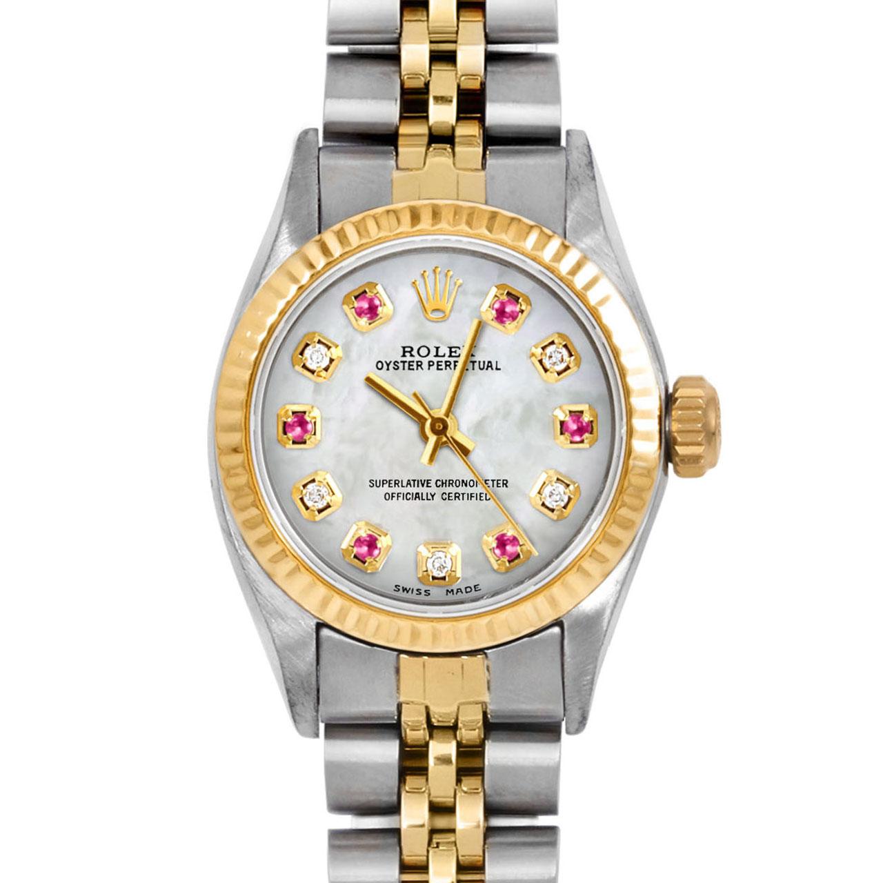 Brand : Rolex
Model : Oyster Perpetual 
Gender : Ladies
Metals : 14K Yellow Gold / Stainless Steel
Case Size : 24 mm
Dial : Custom Mother Of Pearl Ruby Diamond Dial (This dial is not original Rolex And has been added aftermarket yet is a beautiful
