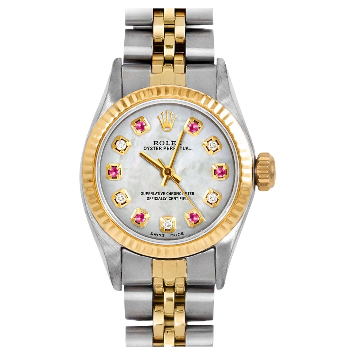 Rolex Ladies TT Oyster Perpetual Mother of Pearl Ruby Diamond Dial Jubilee Watch For Sale