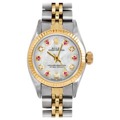 Rolex Ladies TT Oyster Perpetual Mother of Pearl Ruby Diamond Dial Jubilee Watch