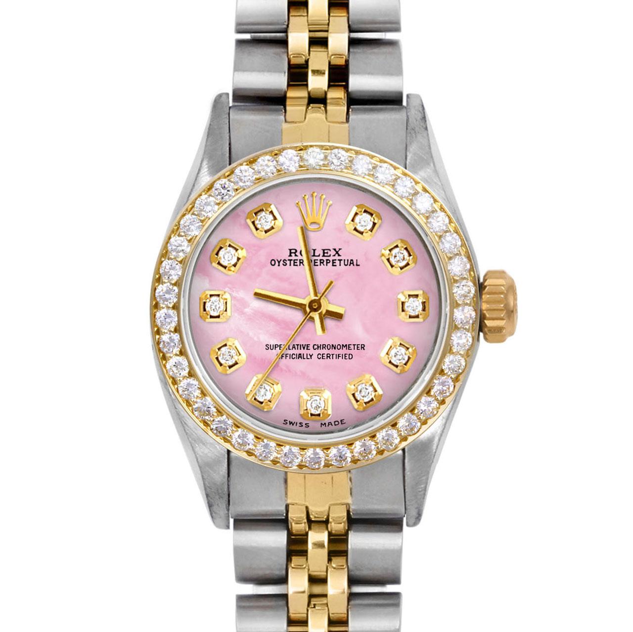 Brand : Rolex
Model : Oyster Perpetual 
Gender : Ladies
Metals : 14K Yellow Gold / Stainless Steel
Case Size : 24 mm
Dial : Custom Pink Mother Of Pearl Diamond Dial (This dial is not original Rolex And has been added aftermarket yet is a beautiful